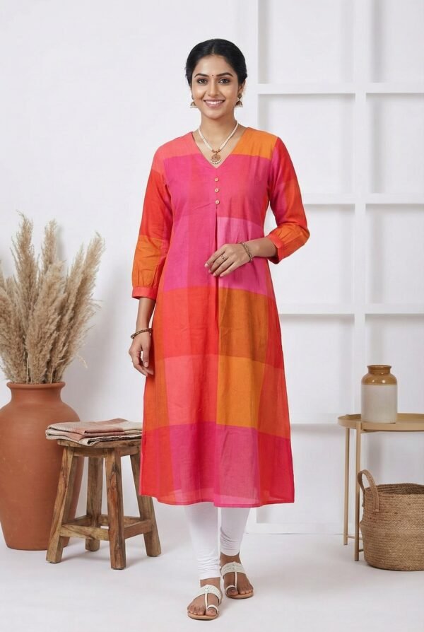 Pink & Orange Colorblock Cotton Kurta