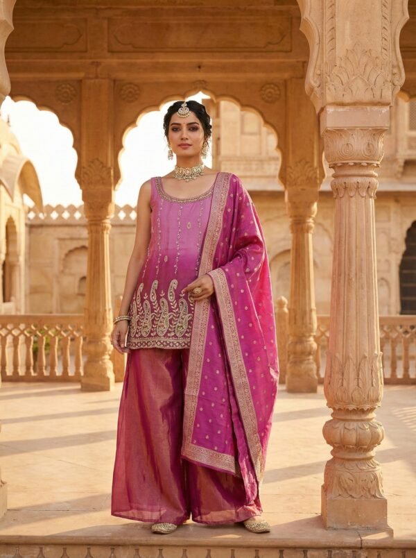 Onion Tissue Zari Embroidery Palazoo Set