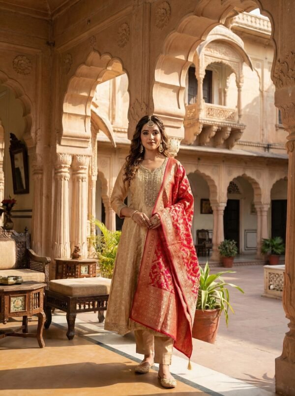 Brown Banarasi Hand Embroidery Three Piece Set