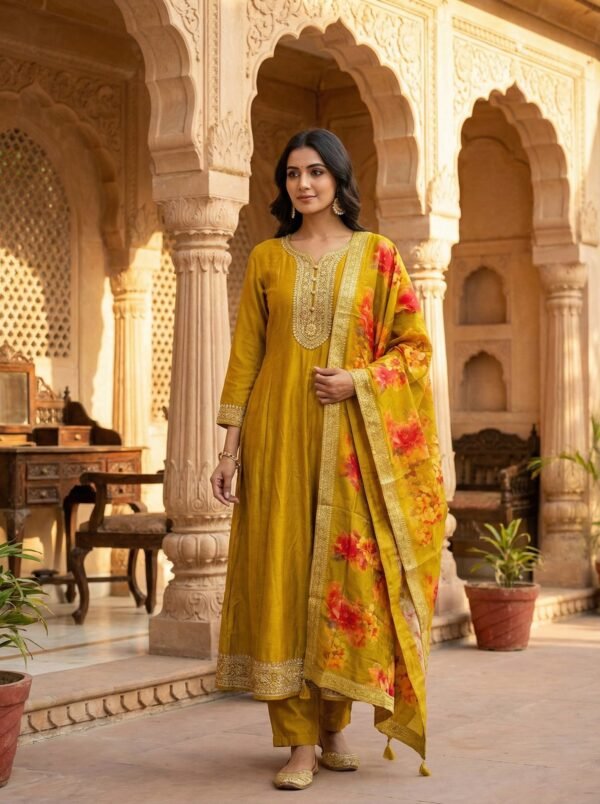 Mustard Silk Hand Embroidered With Floral Digital Print Three Piece Set