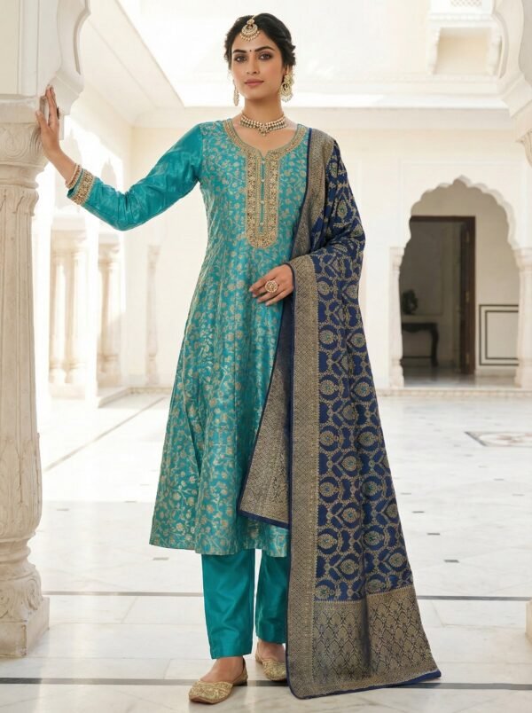 Ferozi Banarasi Zari Floral Embroidery Three Piece Set