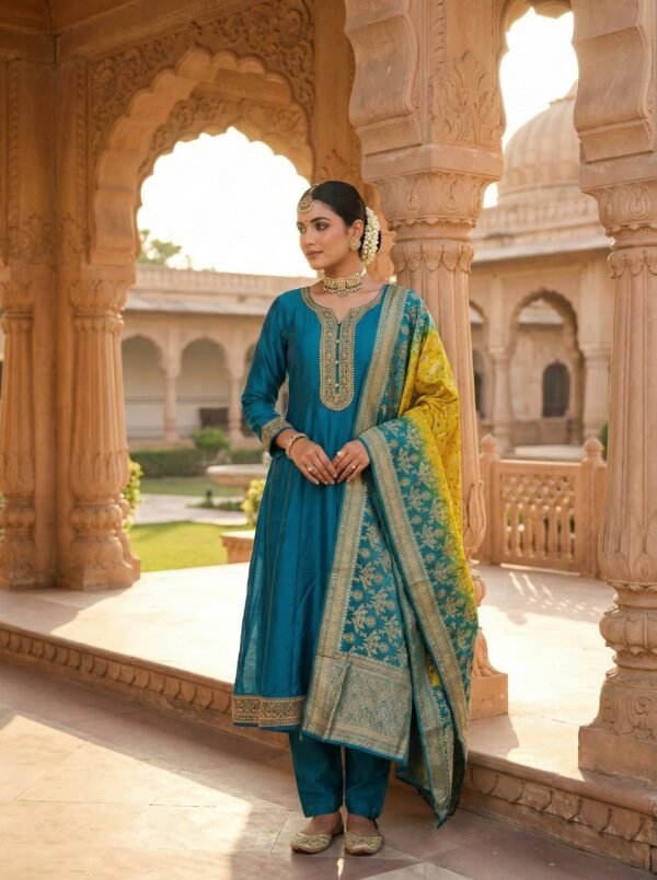 Rama Silk Zari Hand Embroidery Suit Set
