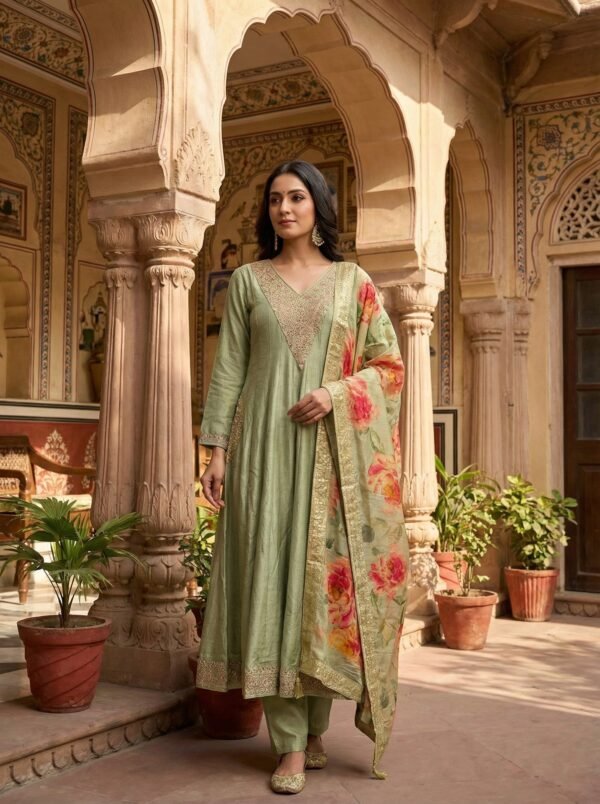 Pista Green Silk Zari Hand Embroidery Three Piece Set