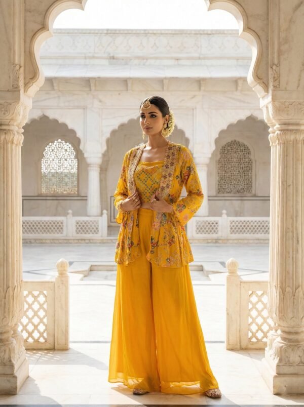 Mustard Chinon Floral Sequins Blouse And Trousers With Jacket