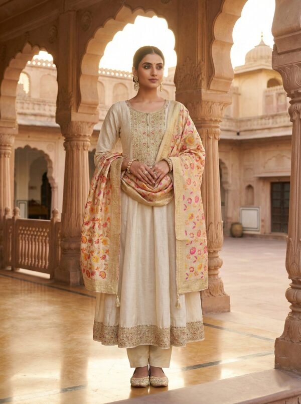 Beige Silk Heavy Aari Embroidered Suit Set