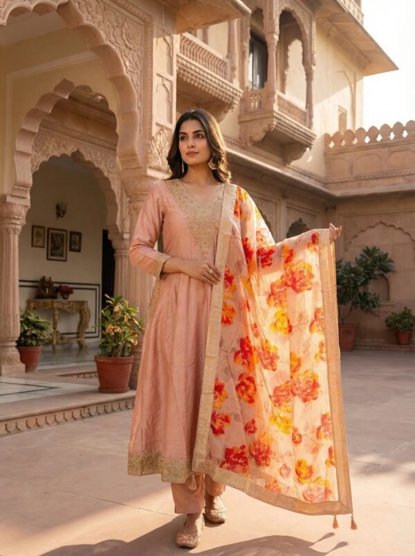 Onion Silk Zari Hand Embroidery Three Piece Set