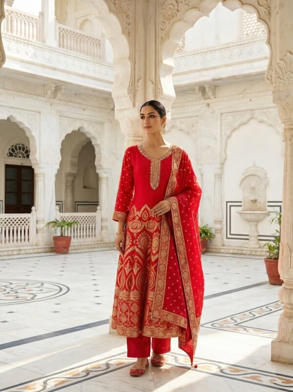 Red Banarasi Digital Printed Three Piece Set