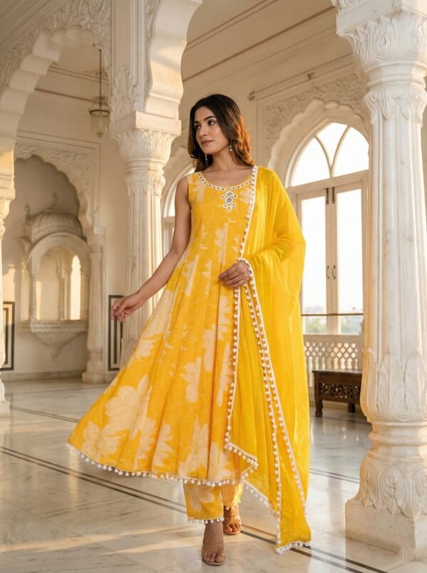 Yellow Georgette Floral Printed Three Piece Set
