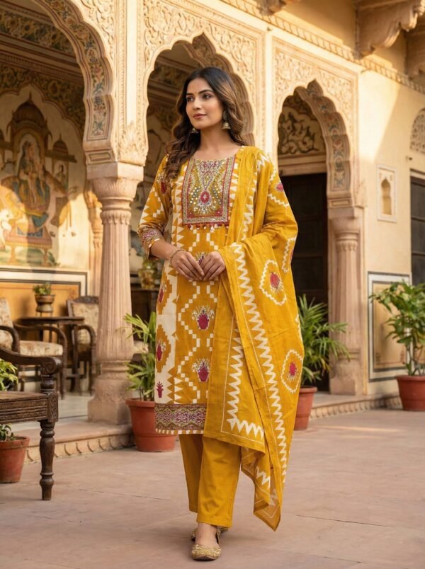 Mustard Cotton Digital Print Three Piece Set
