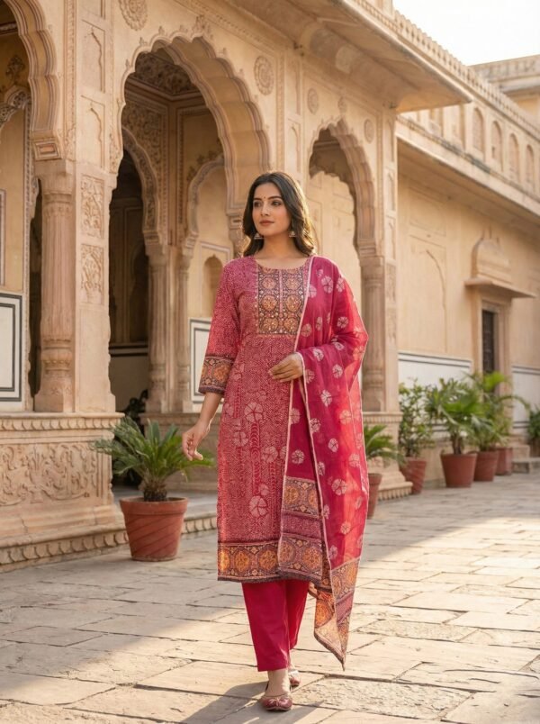 Maroon Cotton Digital Print Three Piece Set