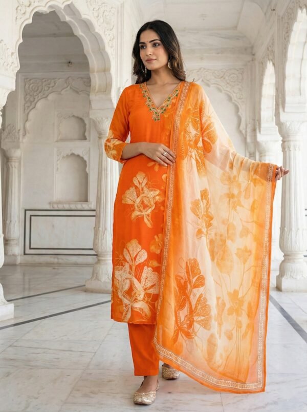 Orange Crepe Floral Digital Print Three Piece Set