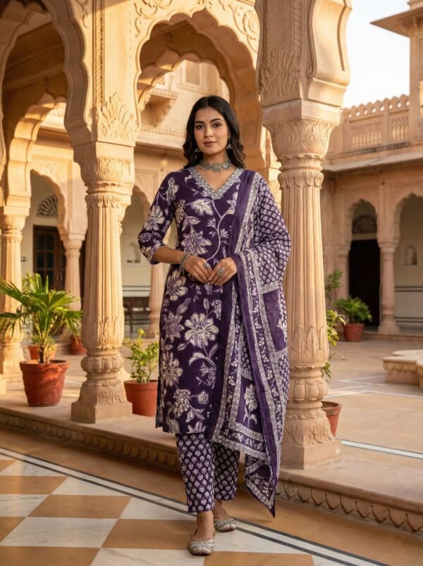 Purple Cotton Floral Digital Print Three Piece Set