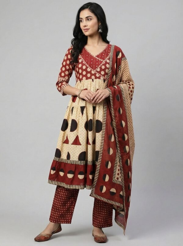 Maroon Cotton Digital Print Three Piece Set