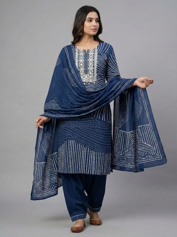 Navy Blue Cotton Digital Print Three Piece Set