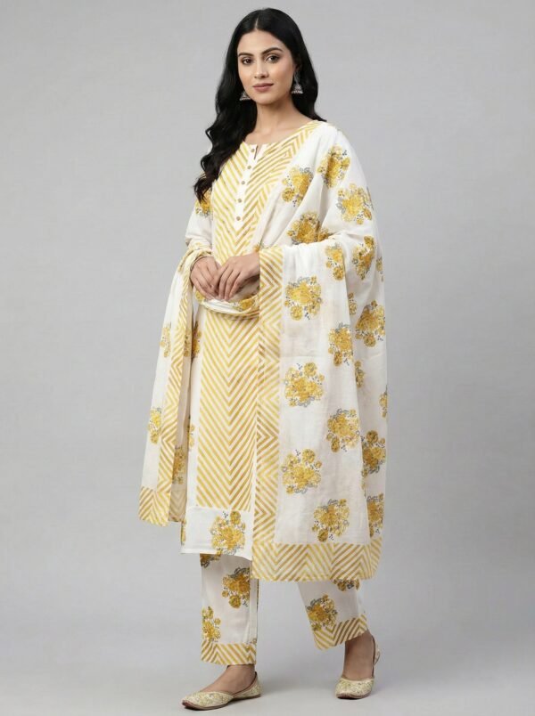 Mustard Cotton Chevron Printed Three Piece Set