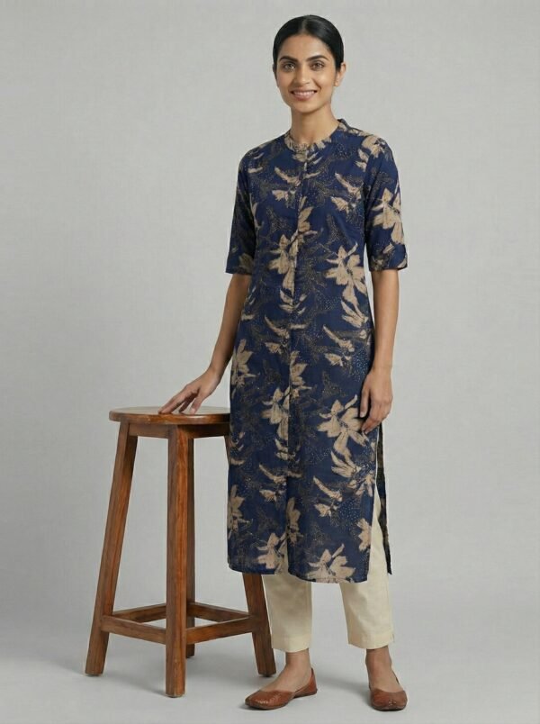 Navy Blue Modal Silk Floral Digital Print Kurta