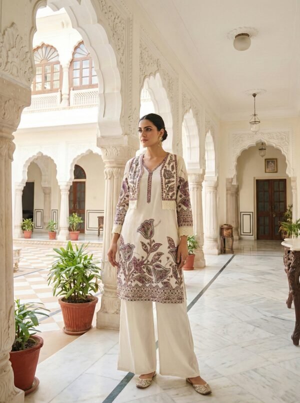 Wine Cotton Floral Embroidered Two Piece Set