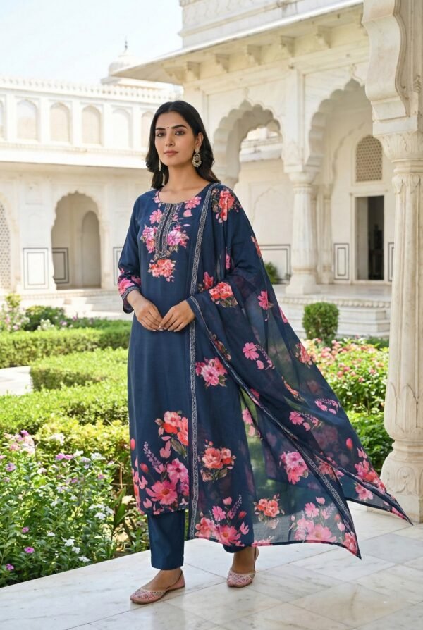 Teal Blue Silk Floral Digital Print Three Piece Set