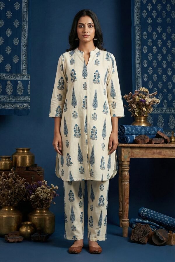 Blue Cotton Floral Digital Print Two Piece Set