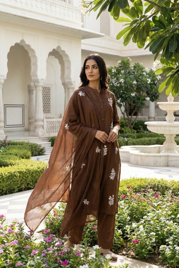 Brown Silk Floral Embroidery Three Piece Set