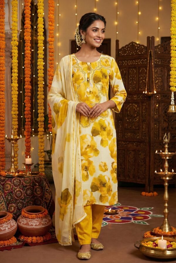 Yellow Rayon Floral Sequins And Beads Three Piece Set