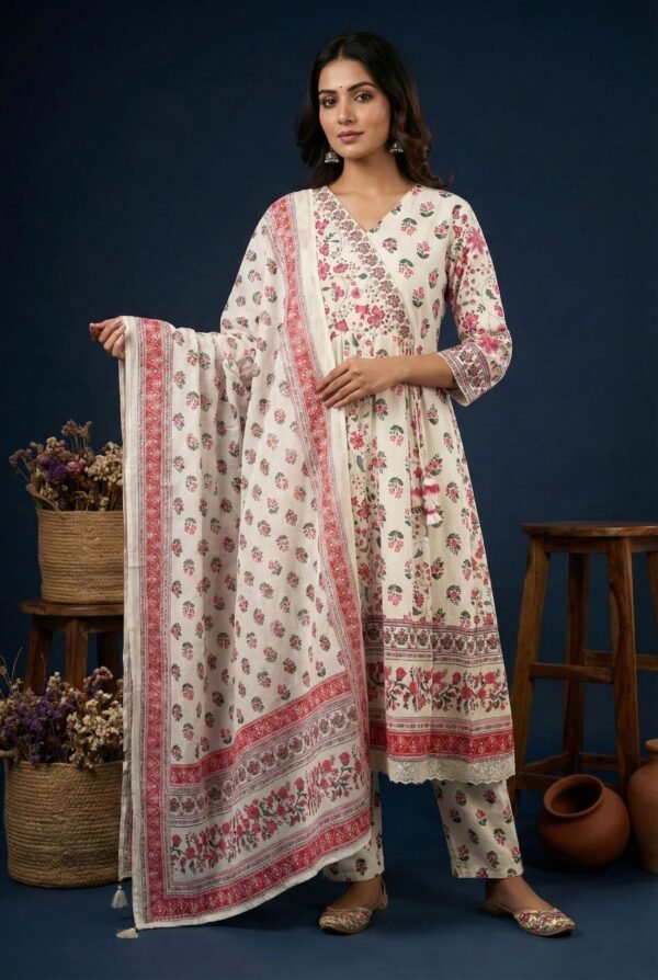 Pink Cotton Floral Digital Print Three Piece Set