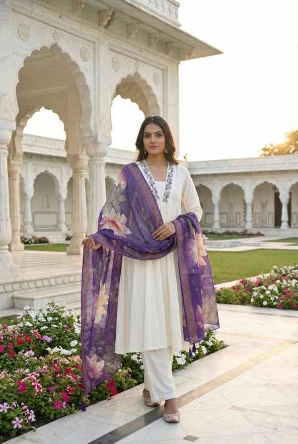 Purple Chanderi Hand Embroidery Three Piece Set