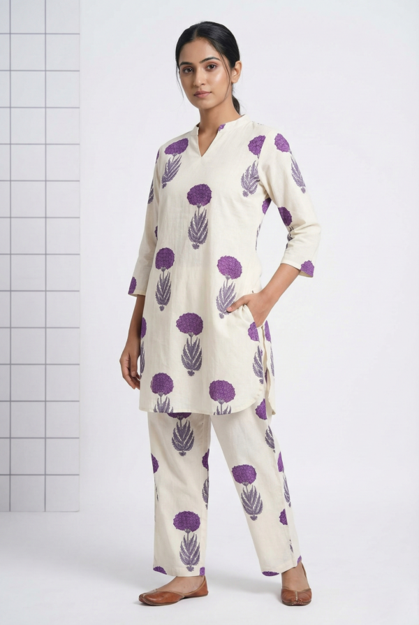 Purple Cotton Floral Digital Printed Two Piece Set