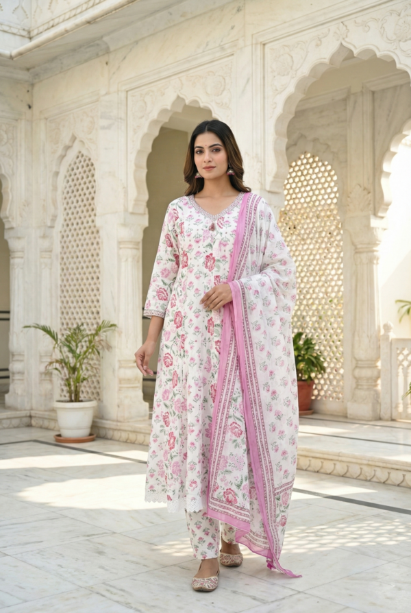 Pink Cotton Floral Hand Embroidered Three Piece Set