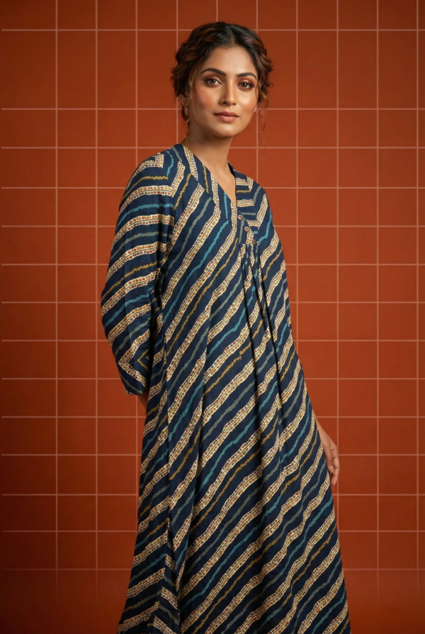 Navy Blue Rayon Striped Ethnic Long Kurta