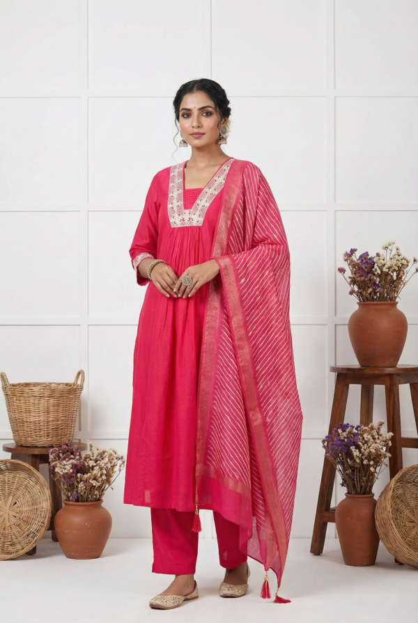 Rani Pink Muslin Zari Thread Embroidery Three Piece Set