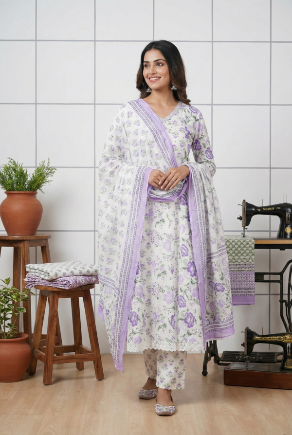 Lavender Cotton Floral Hand Embroidered Three Piece Set