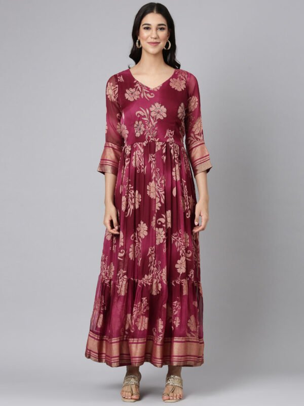 Neerus Wine Casual Floral Maxi Dresses