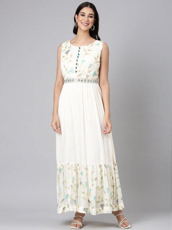 Neerus Cream Casual Floral Maxi Dresses
