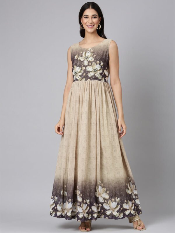 Neerus Beige Casual Floral Maxi Dresses