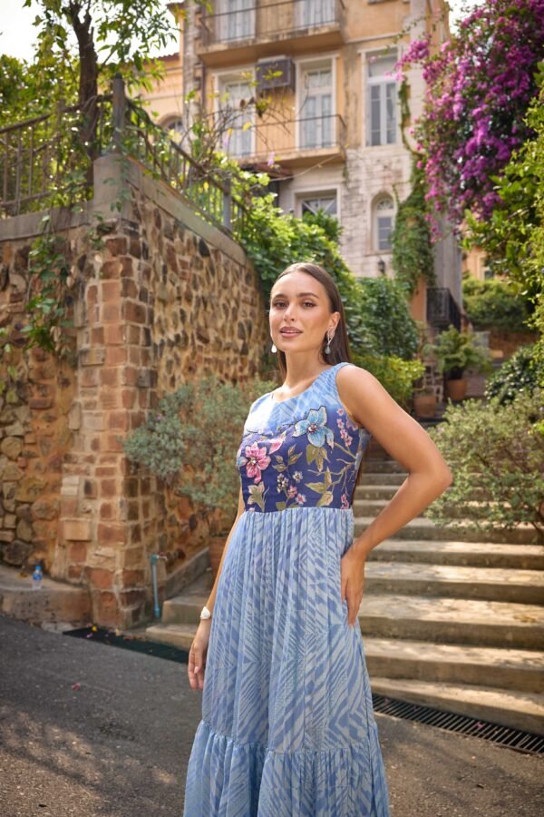 Neerus Blue Casual Maxi Chevron Dresses