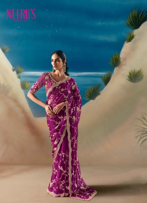 Magenta Tissue Saree With Heavy Stone And Hand Embroidery Work