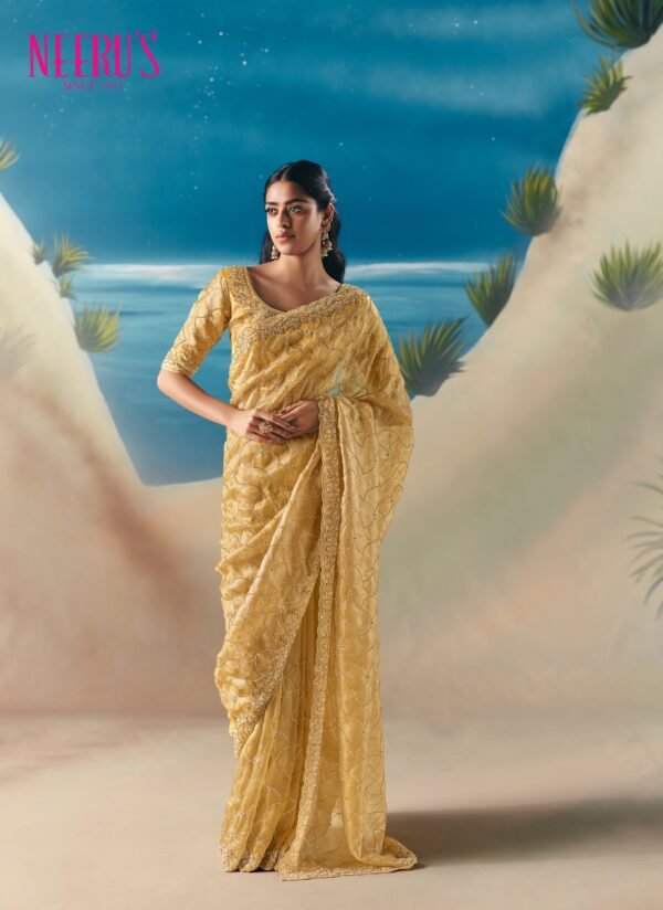 Yellow Tissue Saree With Heavy Hand Embroidery And Floral Stone Work
