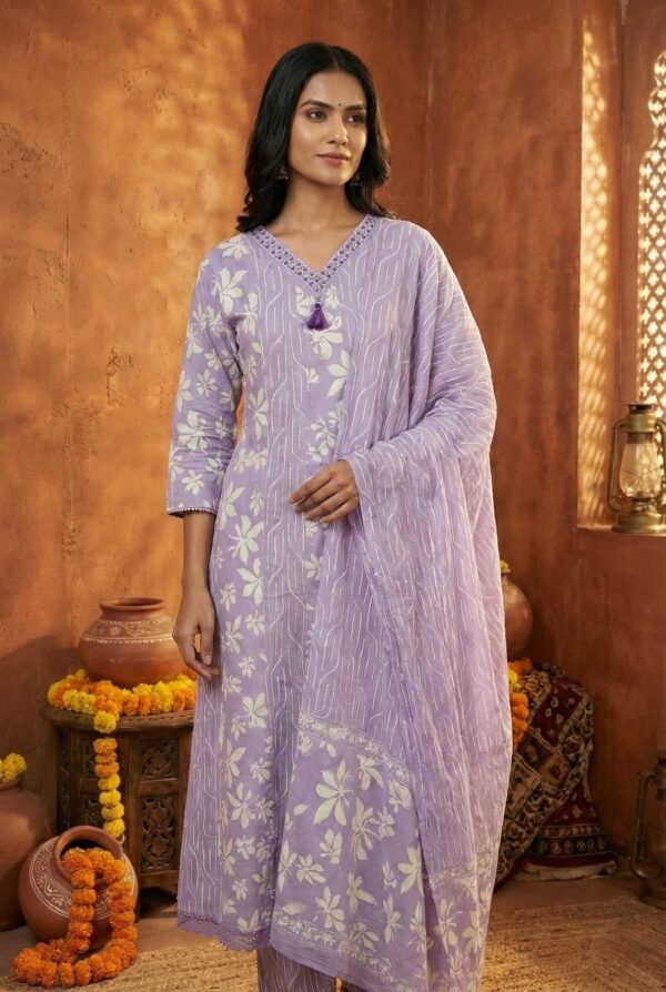Lavender Cotton Thread Embroidered Three Piece Set