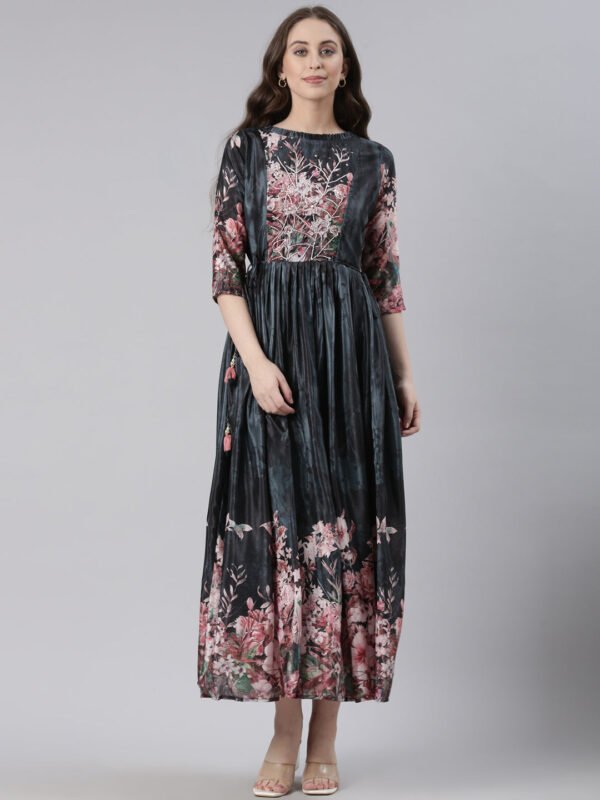 Neerus Grey Casual Floral Maxi Dresses