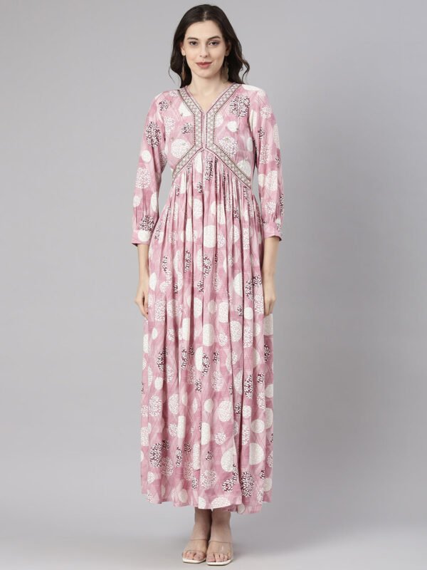 Neerus Lavender Casual Maxi Geometric Dresses