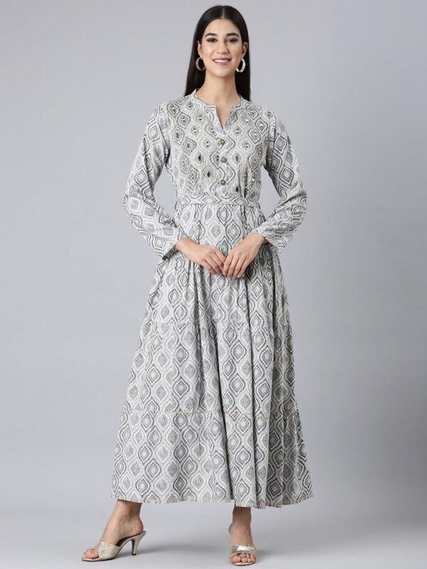 Neerus Grey Casual Paisley Maxi Dresses