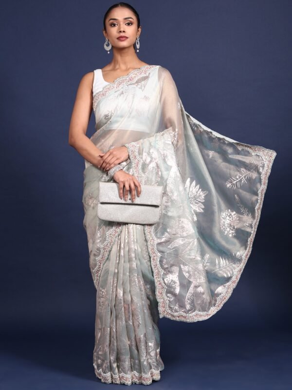 Sea Blue Tissue Sequins Embroidery Saree