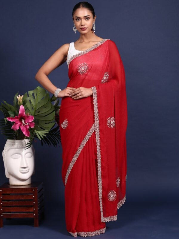 Red Satin Aari Embroidery Saree