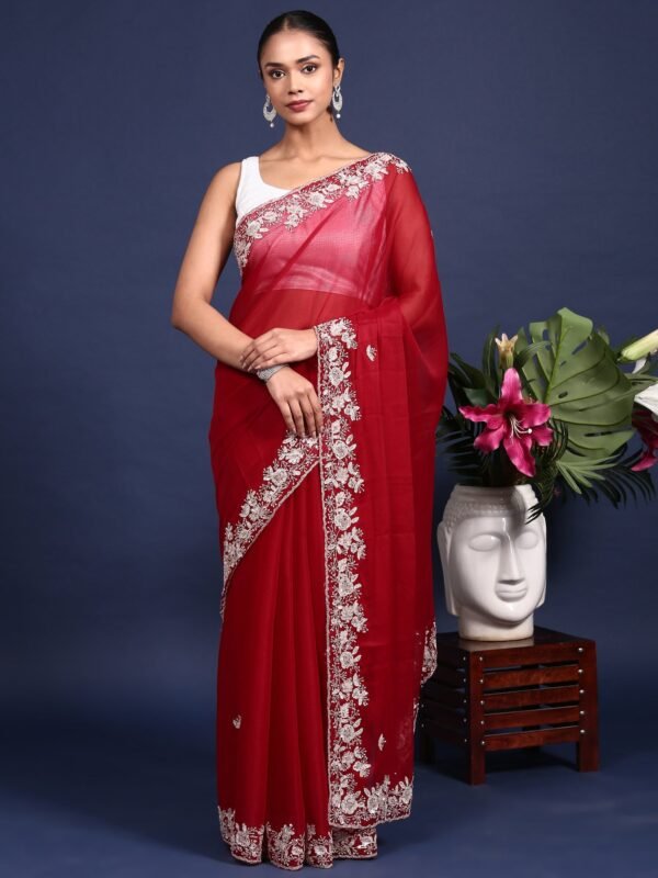 Maroon Organza Aari Embroidery Saree