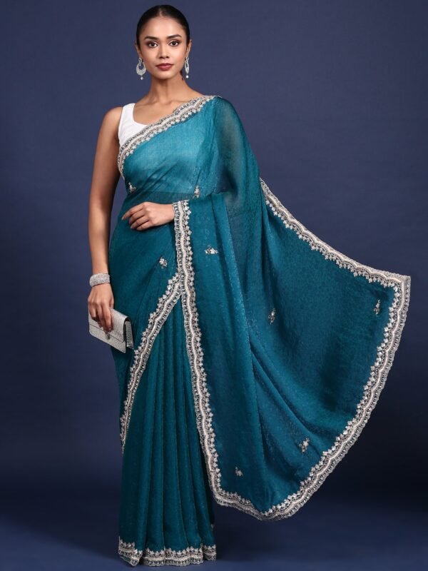 Rama Green Jacquard Zari Embroidery Saree