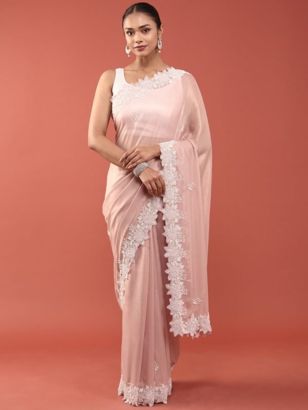 Pink Organza Stone And Thread Embroidery Saree
