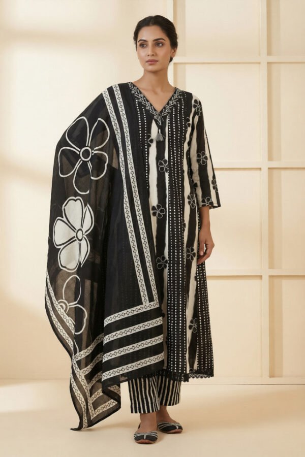 Black Cotton Floral Sequins And Hand Embroidery Suit Set