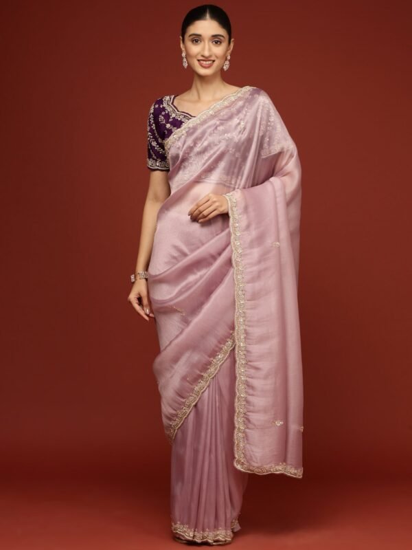 Lilac Tissue Saree With Stone Work Readymade Blouse