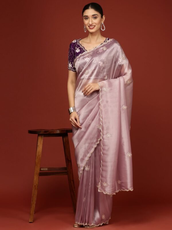 Lilac Tissue Hand Embroidery Saree With Stone Work Readymade Blouse